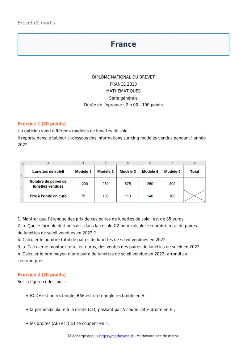 Brevet de maths : France corrigé en PDF