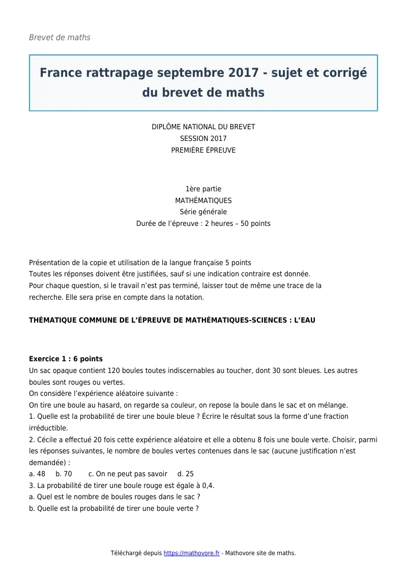 Brevet de maths : France rattrapage septembre 2017 – et ? du brevet à télécharger corrigé en PDF