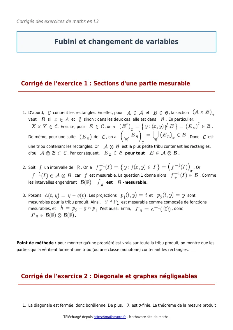 Exercices corrigés de maths en L3 : Fubini et changement de variables à imprimer en PDF