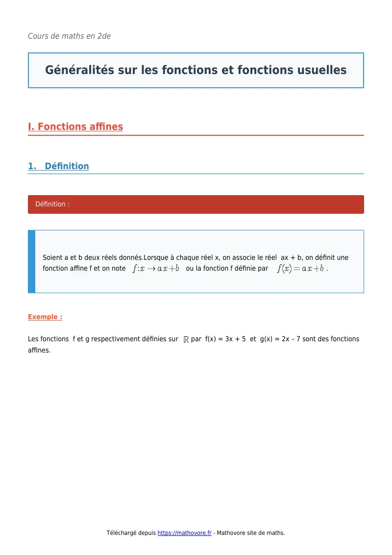 Cours de maths en seconde : Généralités sur les fonctions et fonctions usuelles à télécharger en PDF