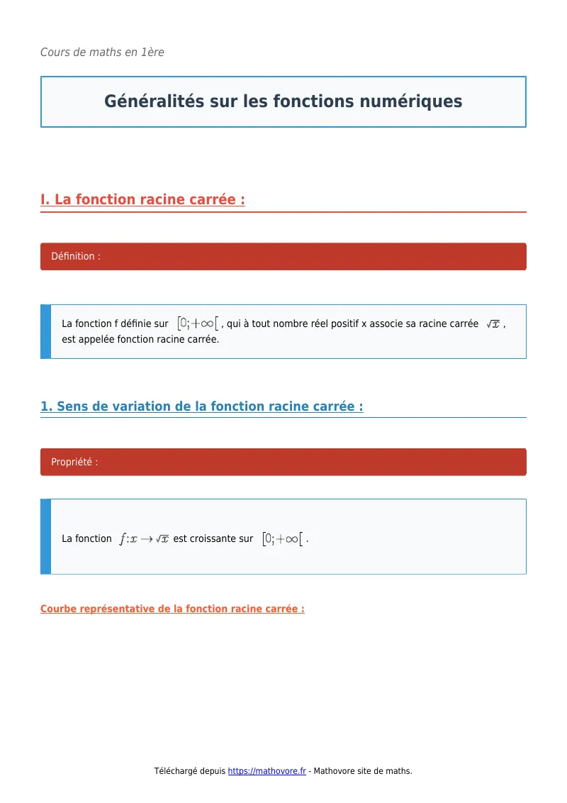 Cours de maths en première : Généralités sur les fonctions numériques à télécharger en PDF