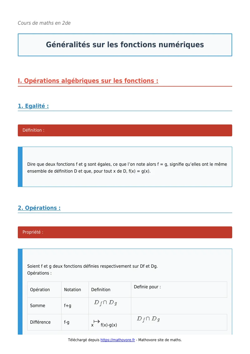 Cours de maths en seconde : Généralités sur les fonctions numériques à télécharger en PDF