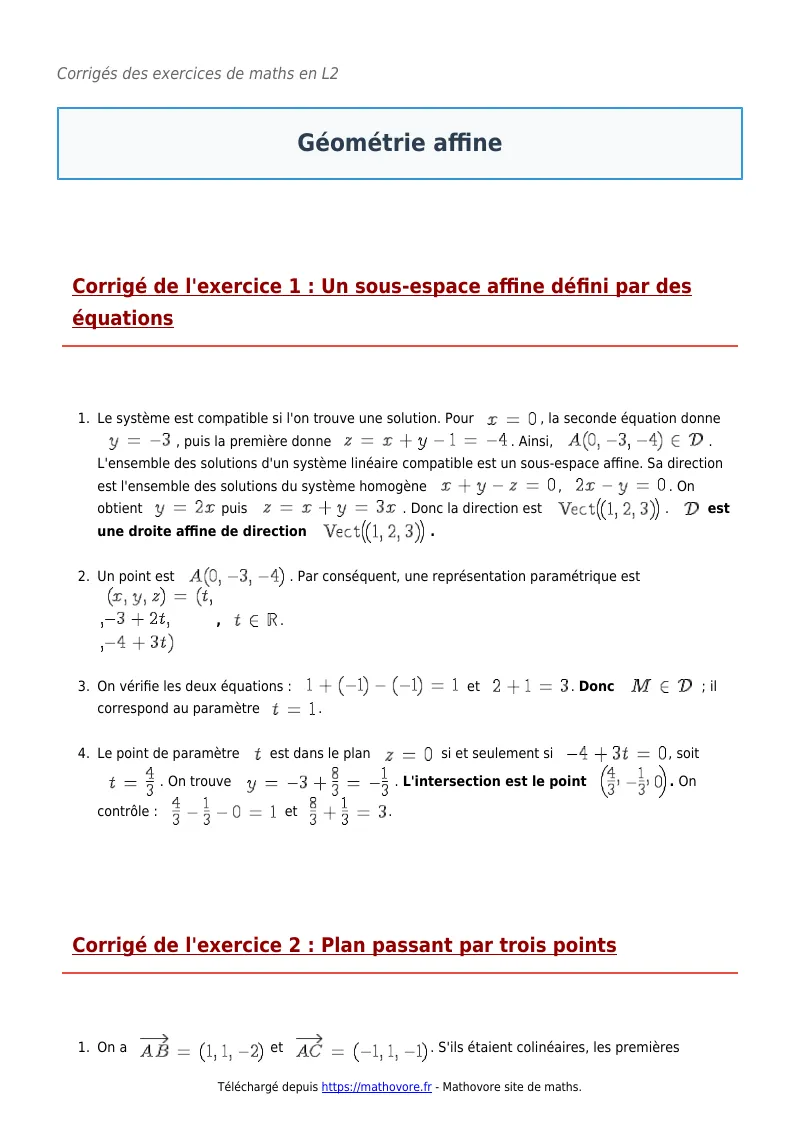 Exercices corrigés de maths en L2 : Géométrie affine à imprimer en PDF