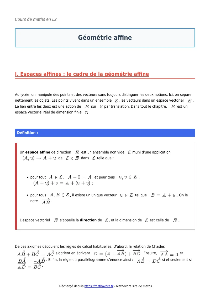 Cours de maths en L2 : Géométrie affine à télécharger en PDF