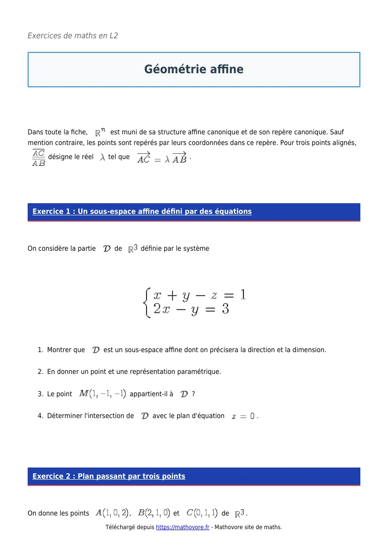 Exercices corrigés de maths en L2 : Géométrie affine à imprimer en PDF