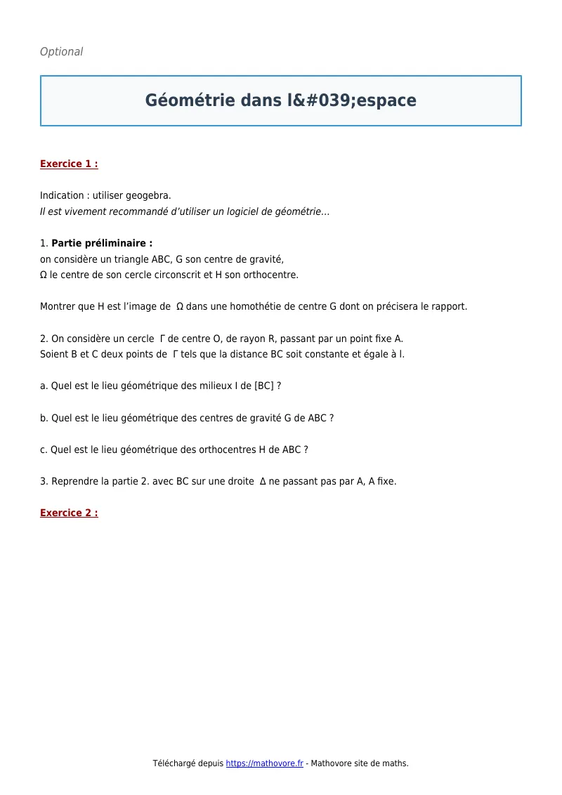 Exercices corrigés de maths en première : Géométrie dans l’espace à imprimer en PDF