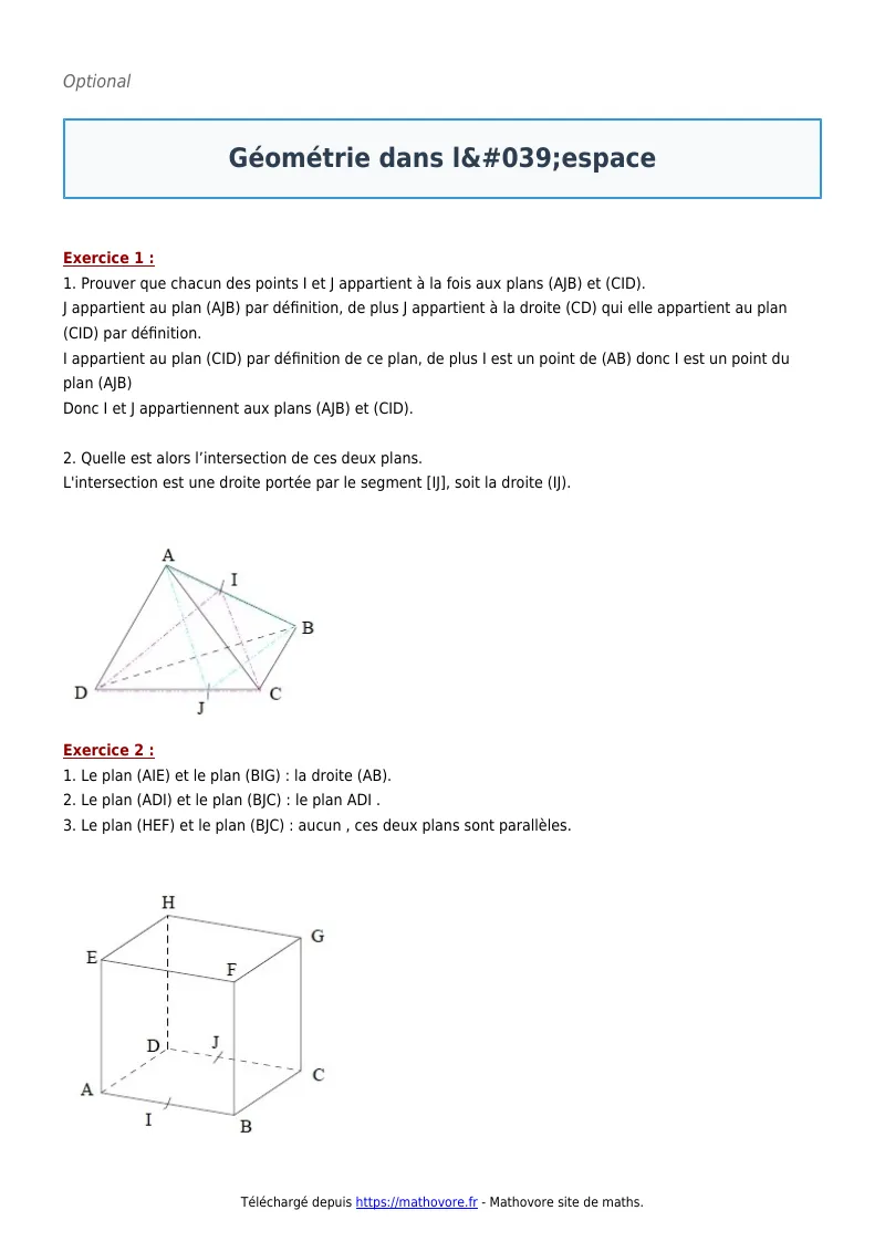 Exercices corrigés de maths en seconde : Géométrie dans l’espace à imprimer en PDF