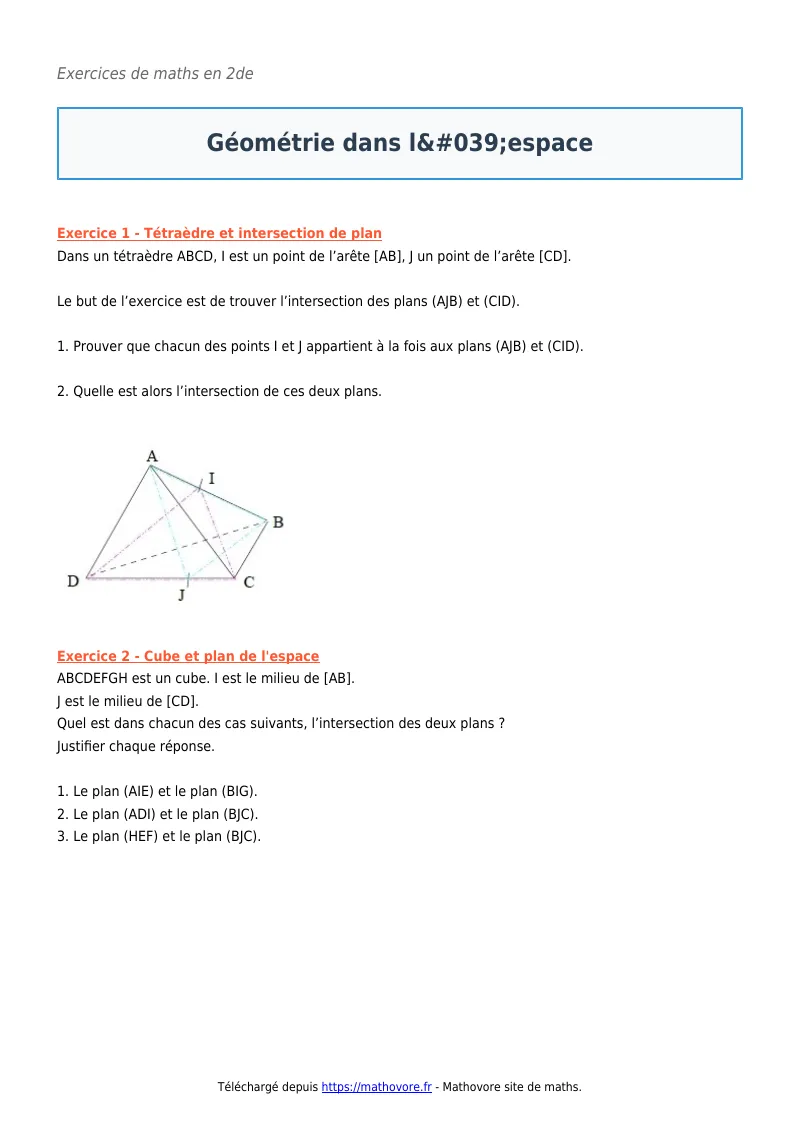 Exercices corrigés de maths en seconde : Géométrie dans l’espace à imprimer en PDF