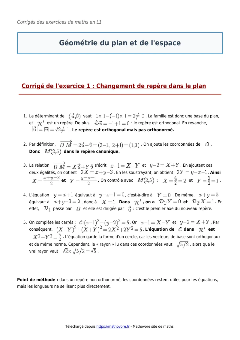 Exercices corrigés de maths en L1 : Géométrie du plan et de l’espace à imprimer en PDF