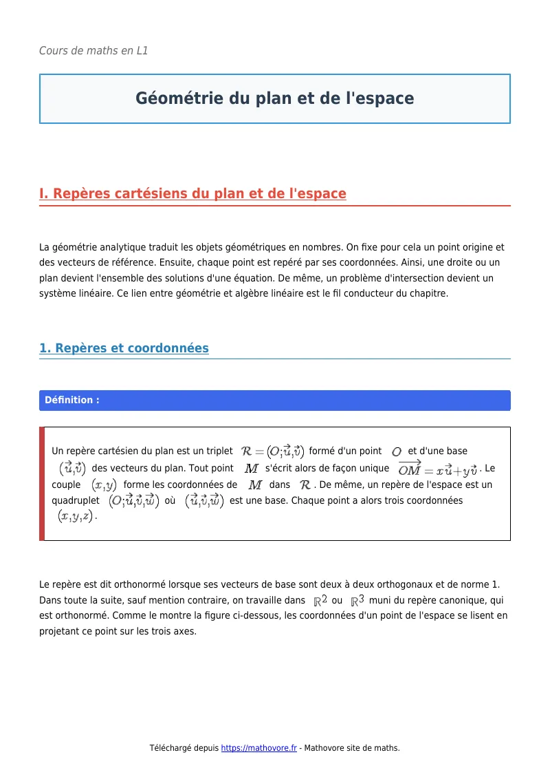 Cours de maths en L1 : Géométrie du plan et de l’espace à télécharger en PDF