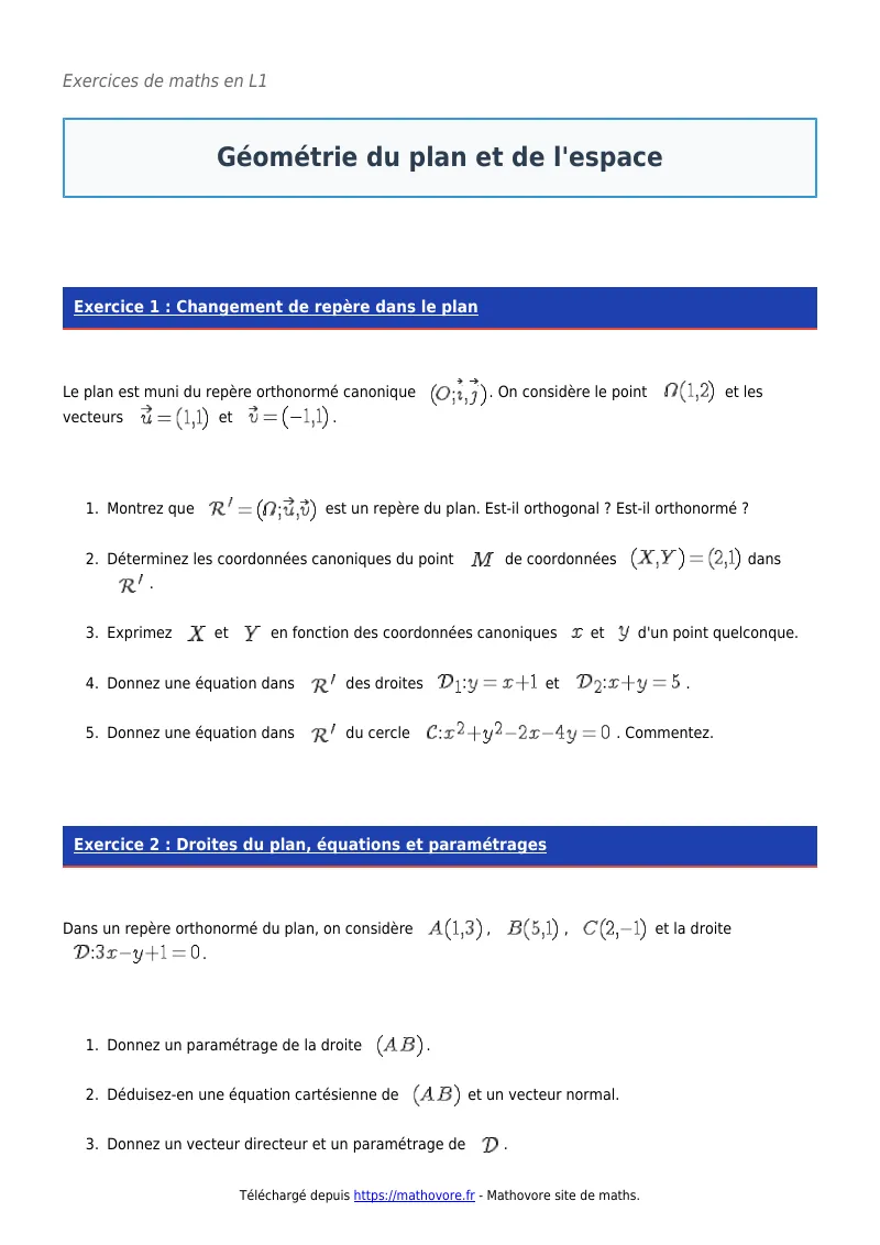 Exercices corrigés de maths en L1 : Géométrie du plan et de l’espace à imprimer en PDF