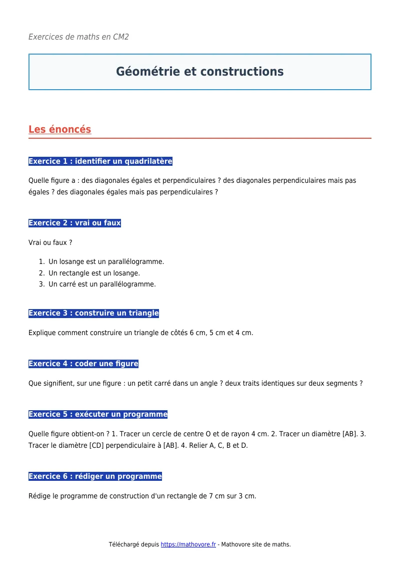Exercices corrigés de maths en CM2 : Géométrie et constructions à imprimer en PDF