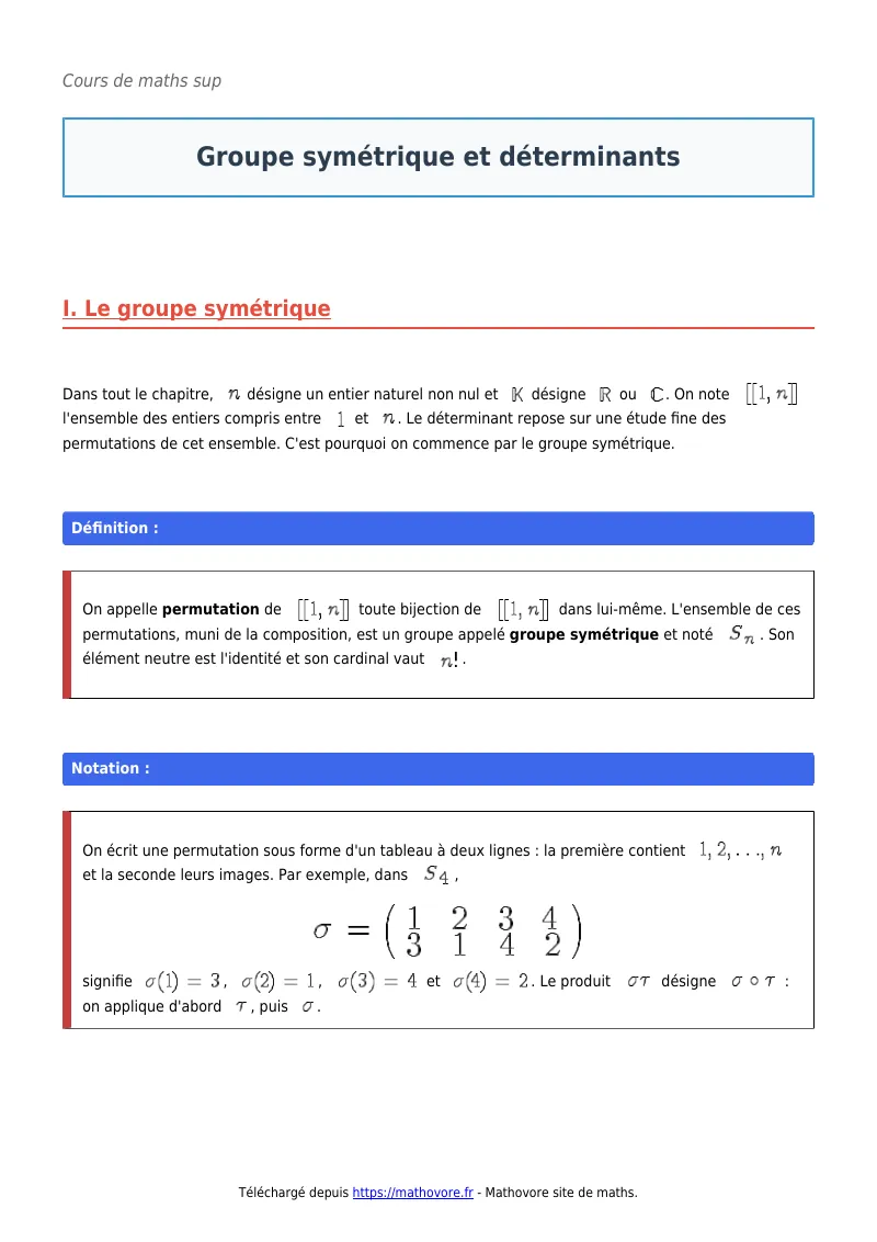 Cours de maths en maths sup : Groupe symétrique et déterminants à télécharger en PDF