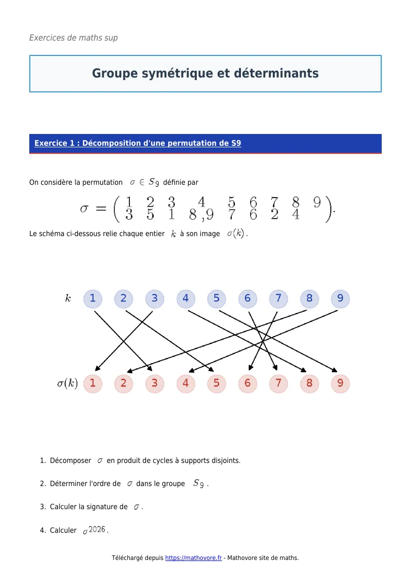 Exercices corrigés de maths en maths sup : Groupe symétrique et déterminants à imprimer en PDF