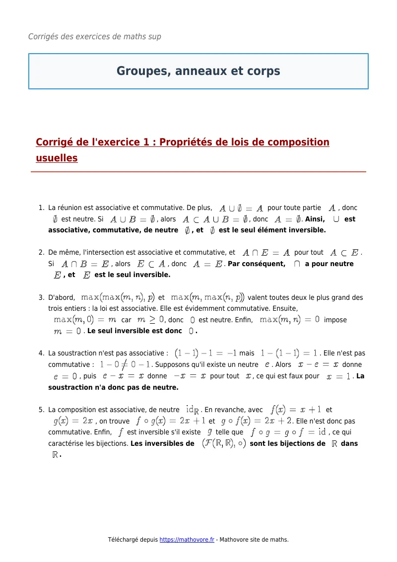 Exercices corrigés de maths en maths sup : Groupes, anneaux et corps à imprimer en PDF
