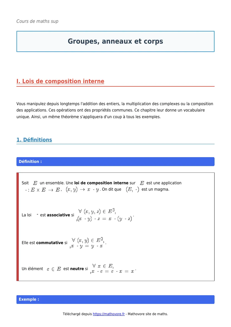 Cours de maths en maths sup : Groupes, anneaux et corps à télécharger en PDF