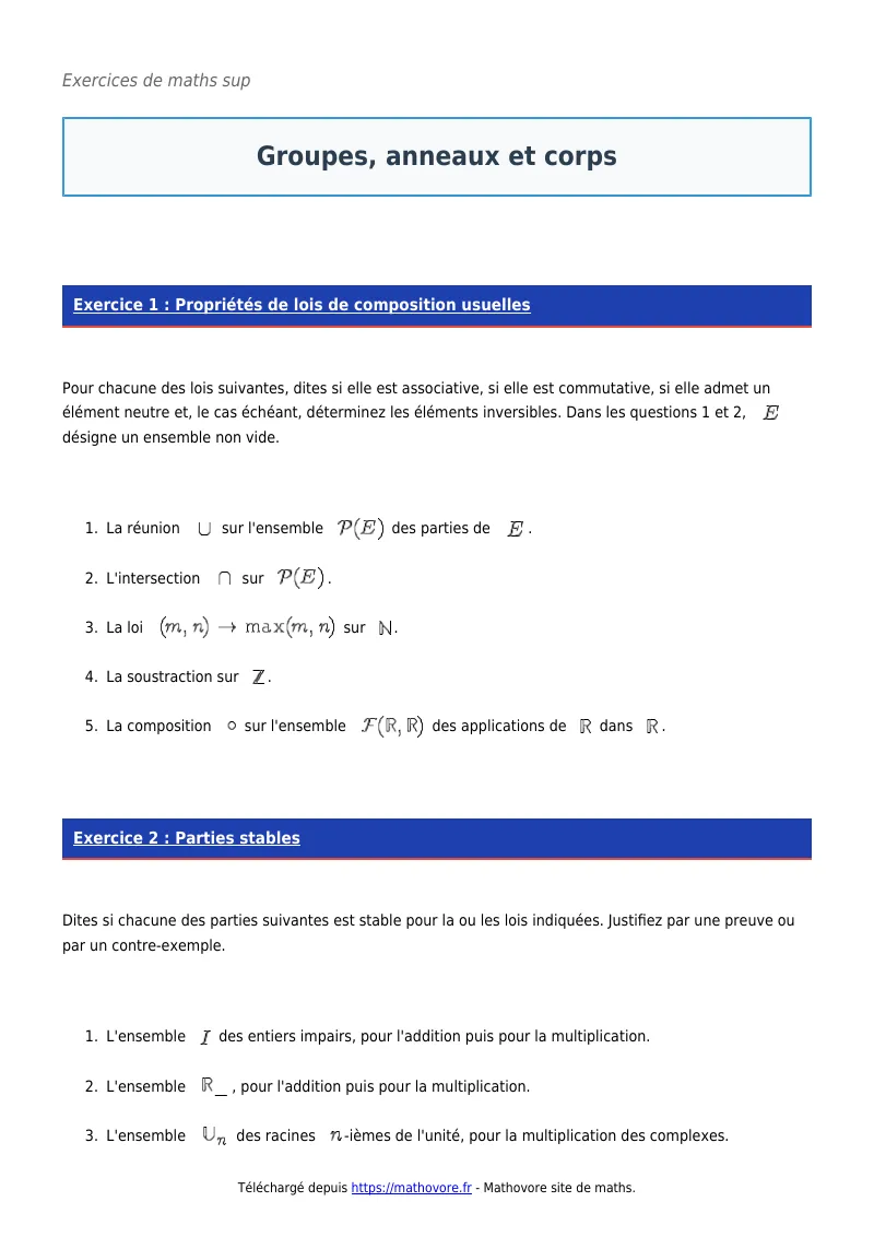 Exercices corrigés de maths en maths sup : Groupes, anneaux et corps à imprimer en PDF
