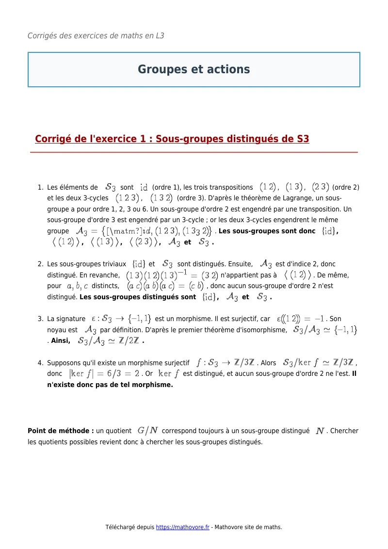 Exercices corrigés de maths en L3 : Groupes et actions à imprimer en PDF