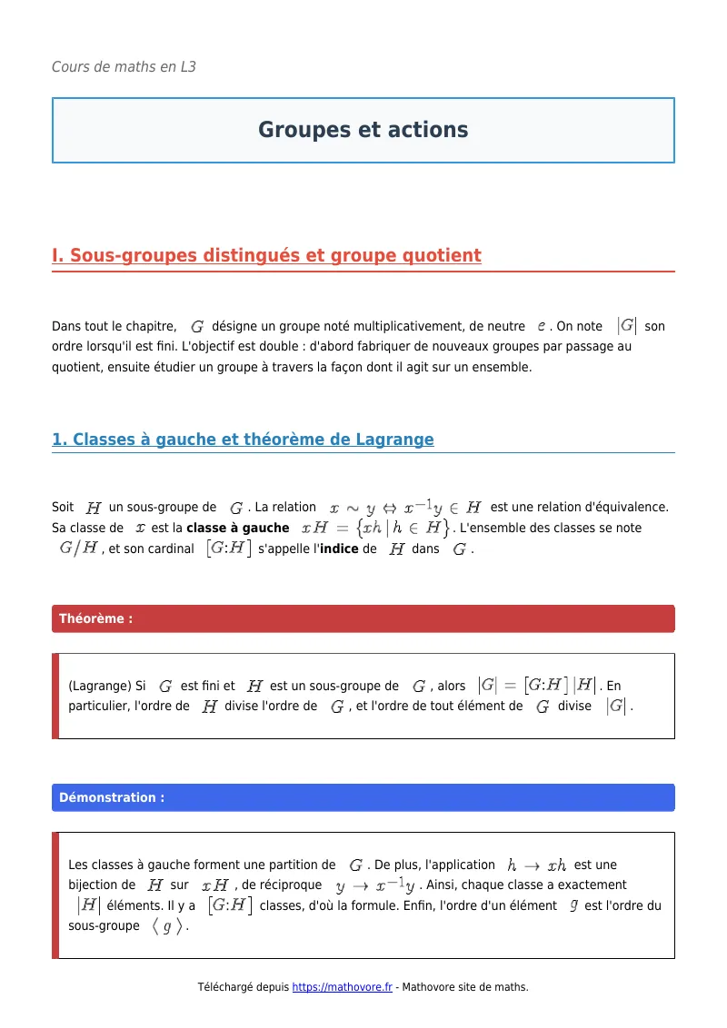 Cours de maths en L3 : Groupes et actions à télécharger en PDF