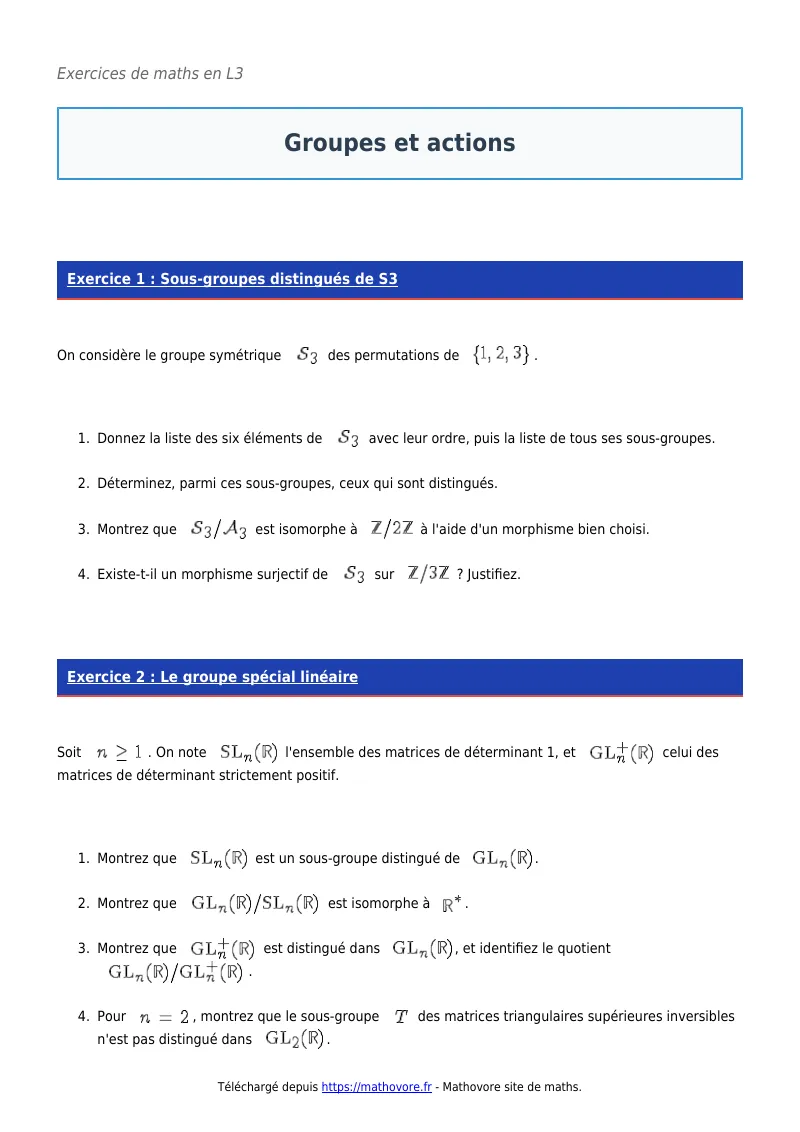 Exercices corrigés de maths en L3 : Groupes et actions à imprimer en PDF