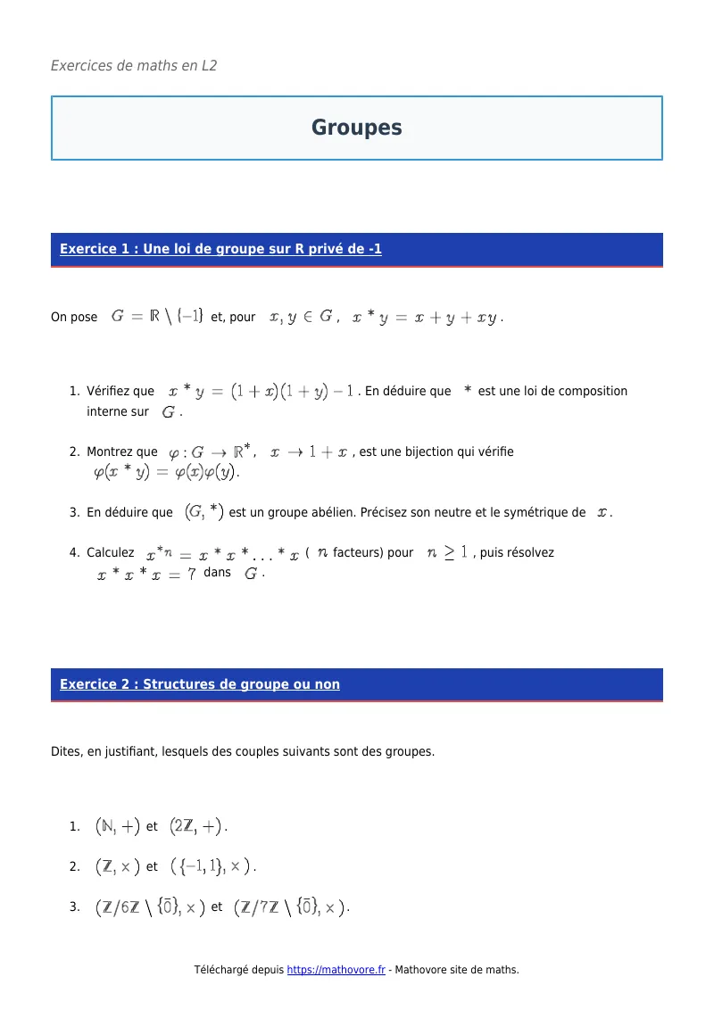 Exercices corrigés de maths en L2 : Groupes à imprimer en PDF
