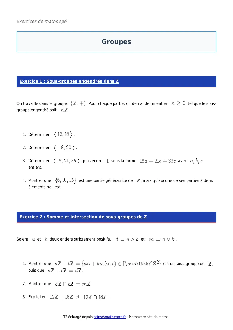 Exercices corrigés de maths en maths spé : Groupes à imprimer en PDF