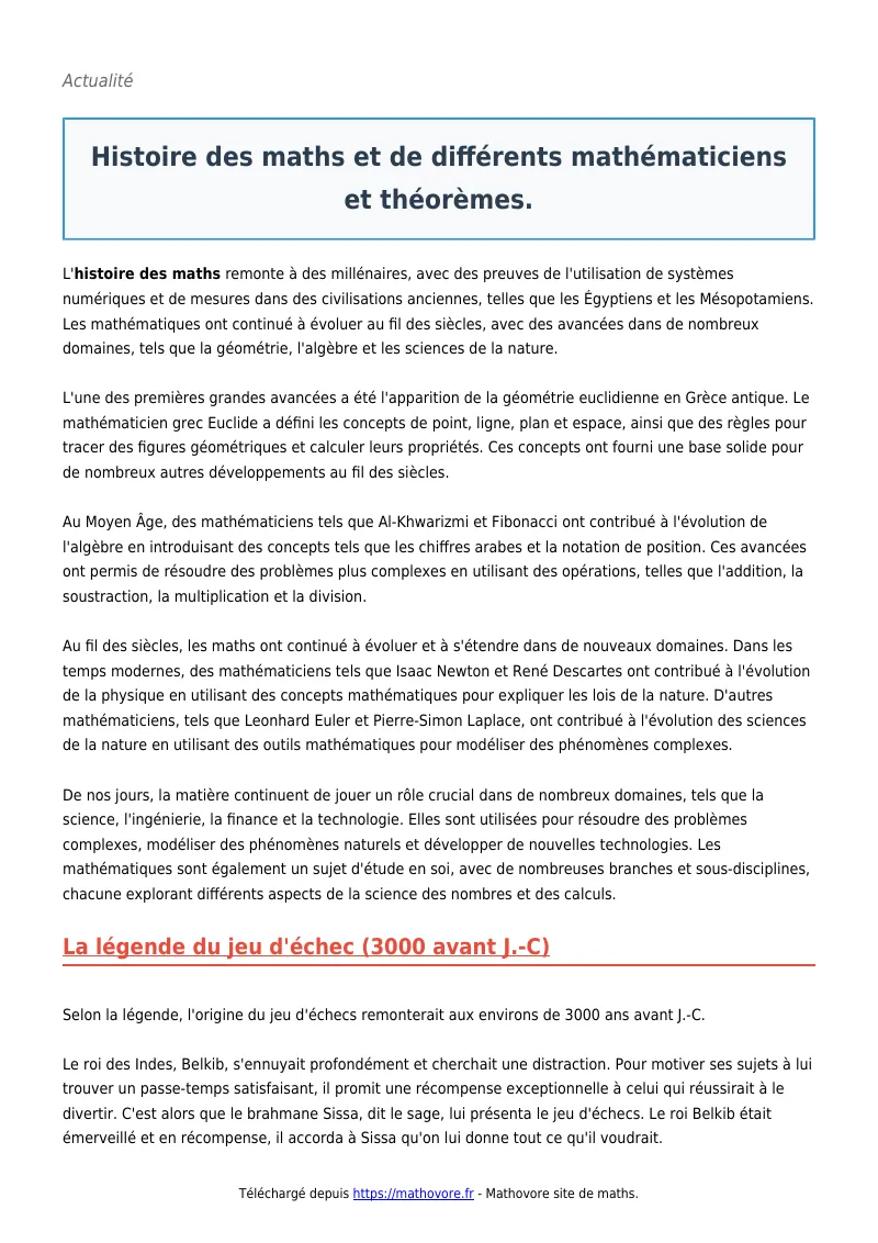 Histoire des maths et de différents mathématiciens et théorèmes : fiche de maths à télécharger en PDF
