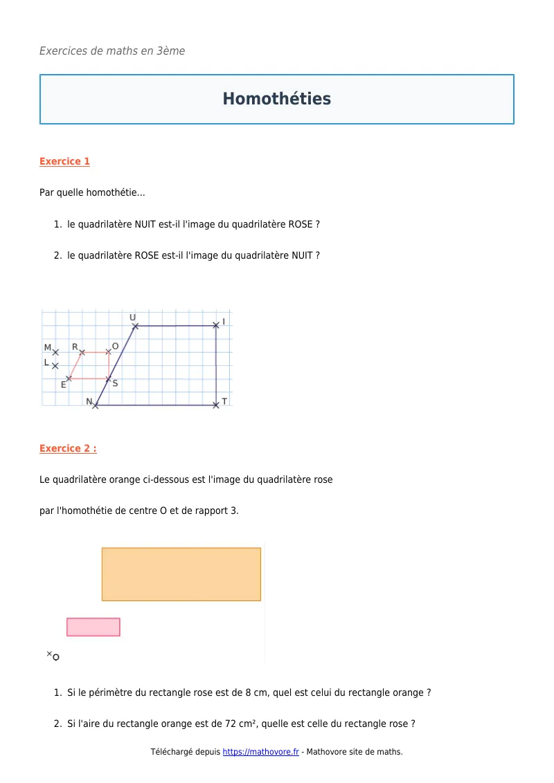 Exercices corrigés de maths en 3ème : Homothéties à imprimer en PDF