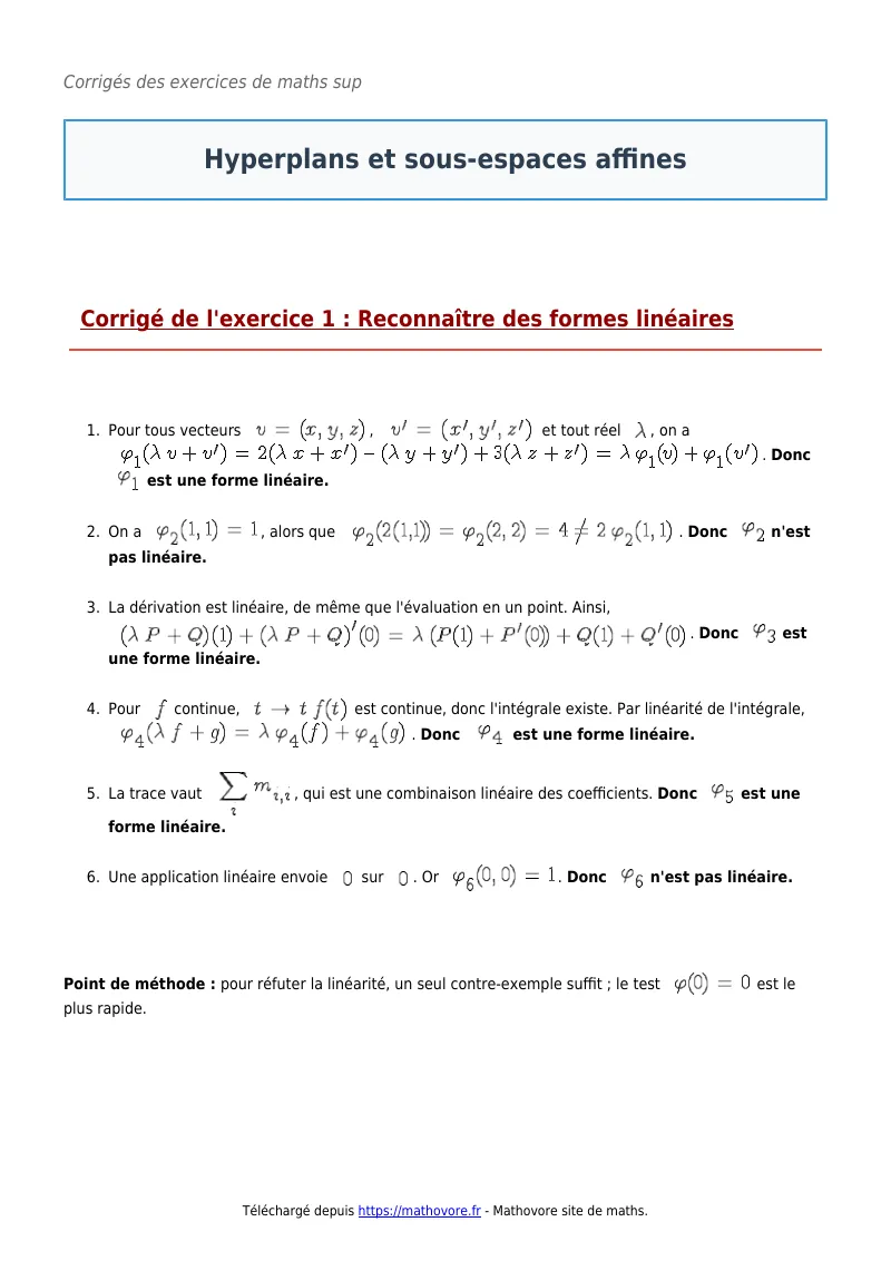 Exercices corrigés de maths en maths sup : Hyperplans et sous-espaces affines à imprimer en PDF
