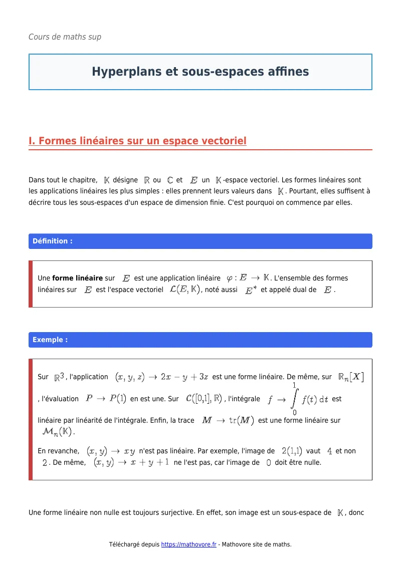 Cours de maths en maths sup : Hyperplans et sous-espaces affines à télécharger en PDF