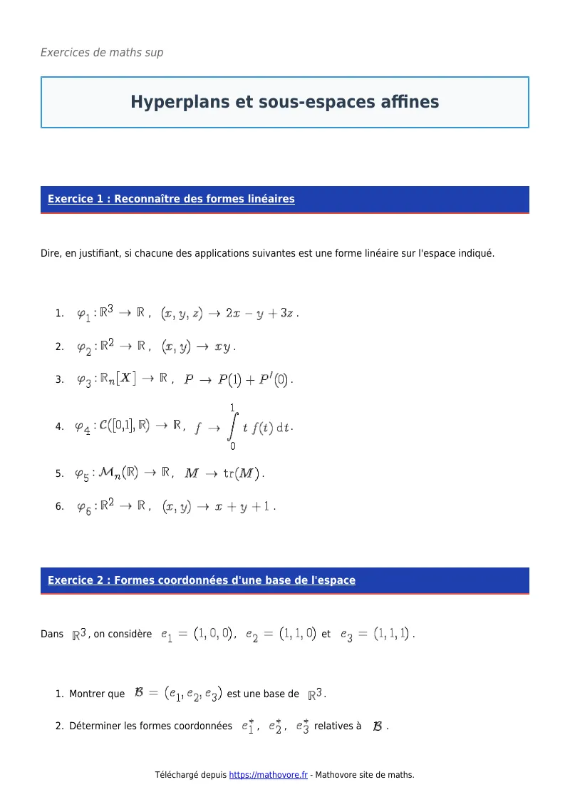 Exercices corrigés de maths en maths sup : Hyperplans et sous-espaces affines à imprimer en PDF
