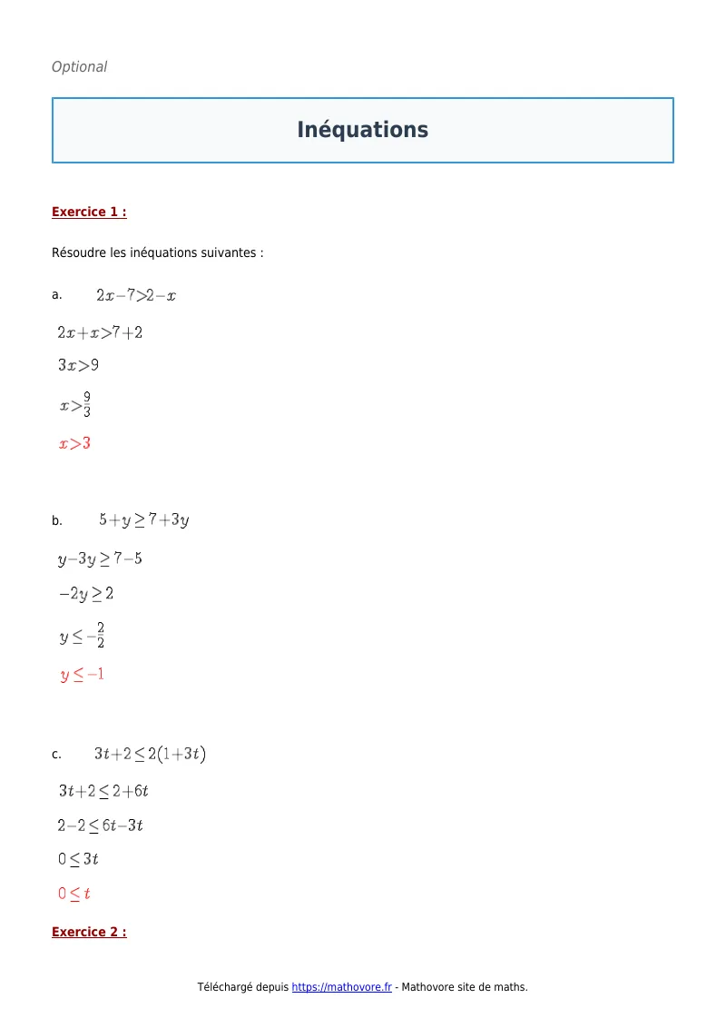Exercices corrigés de maths en seconde : Inéquations à imprimer en PDF