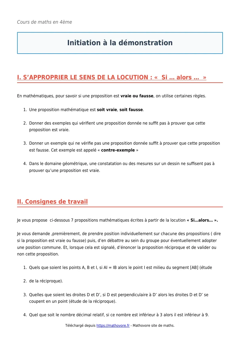 Cours de maths en 4ème : Initiation à la démonstration à télécharger en PDF
