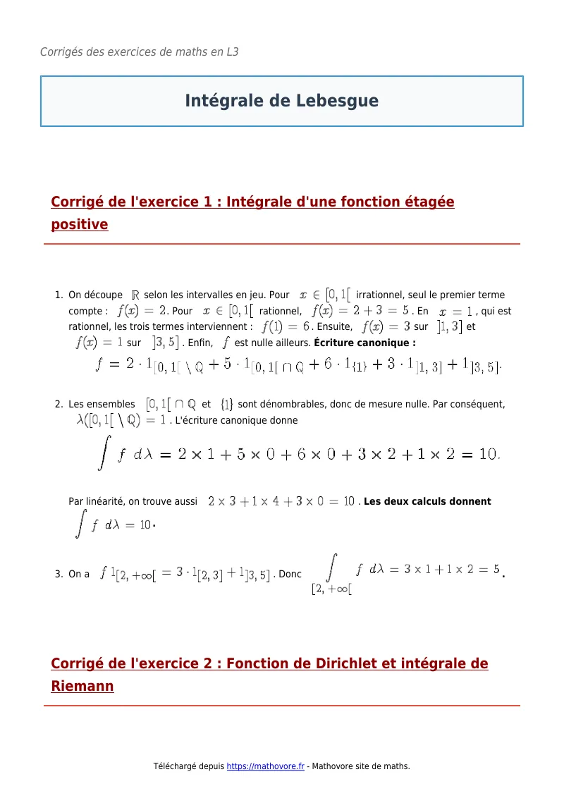 Exercices corrigés de maths en L3 : Intégrale de Lebesgue à imprimer en PDF