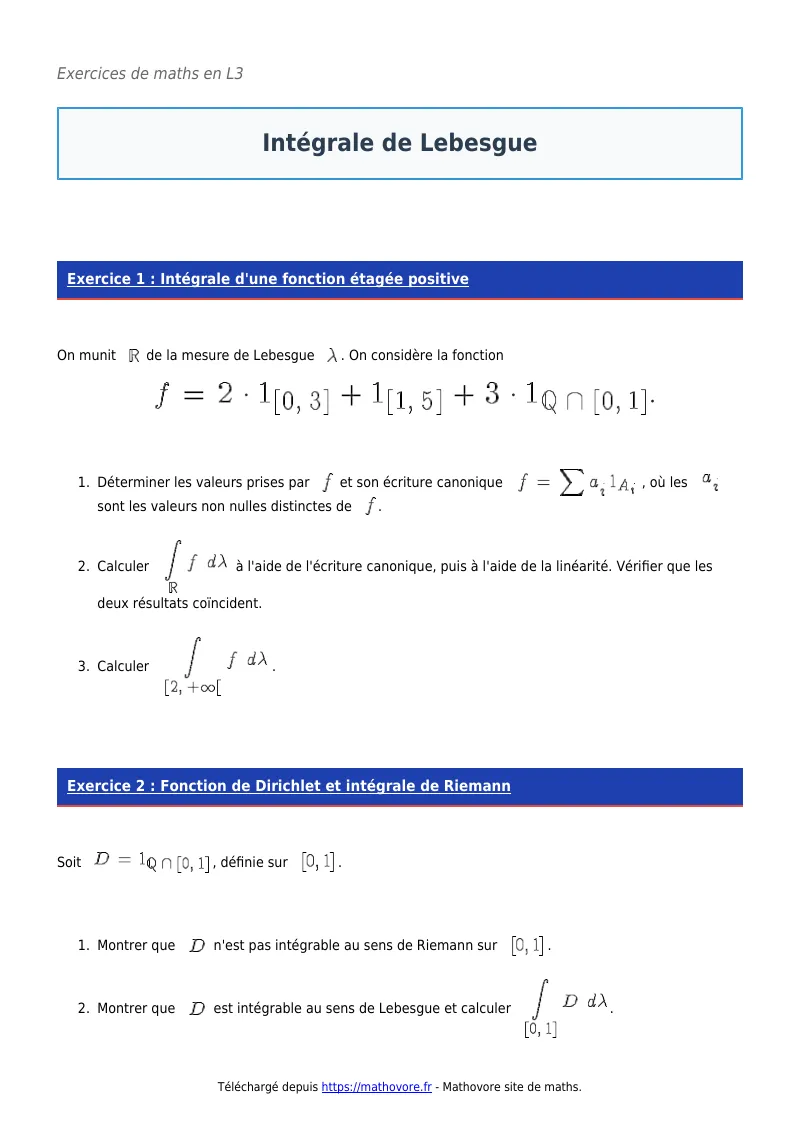 Exercices corrigés de maths en L3 : Intégrale de Lebesgue à imprimer en PDF