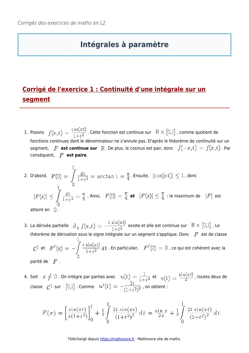 Exercices corrigés de maths en L2 : Intégrales à paramètre à imprimer en PDF