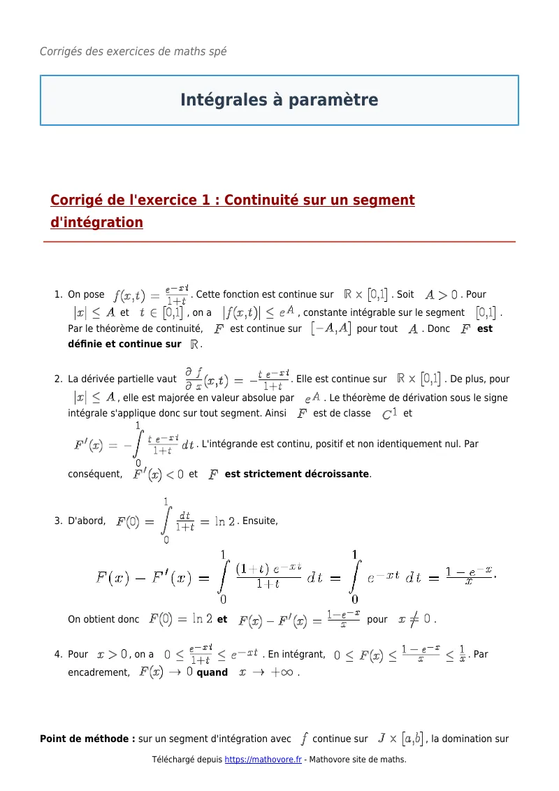 Exercices corrigés de maths en maths spé : Intégrales à paramètre à imprimer en PDF
