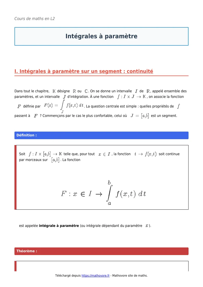 Cours de maths en L2 : Intégrales à paramètre à télécharger en PDF