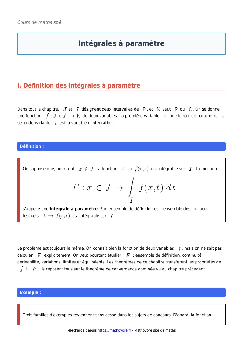 Cours de maths en maths spé : Intégrales à paramètre à télécharger en PDF