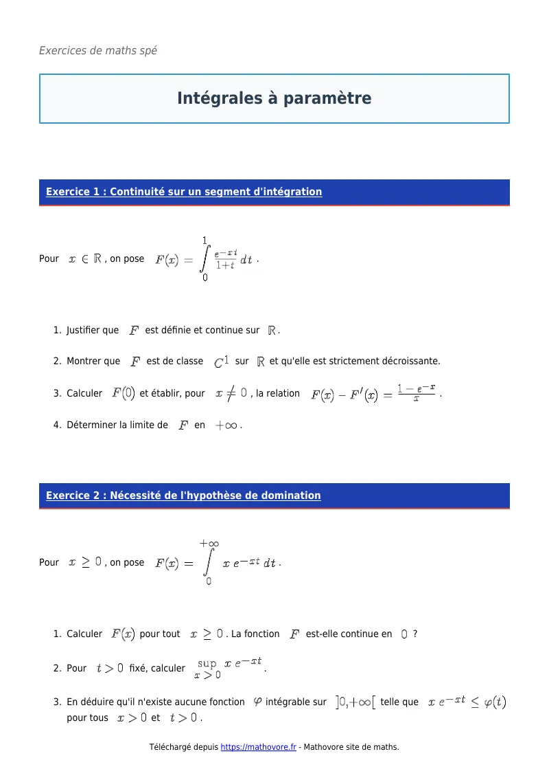 Exercices corrigés de maths en maths spé : Intégrales à paramètre à imprimer en PDF