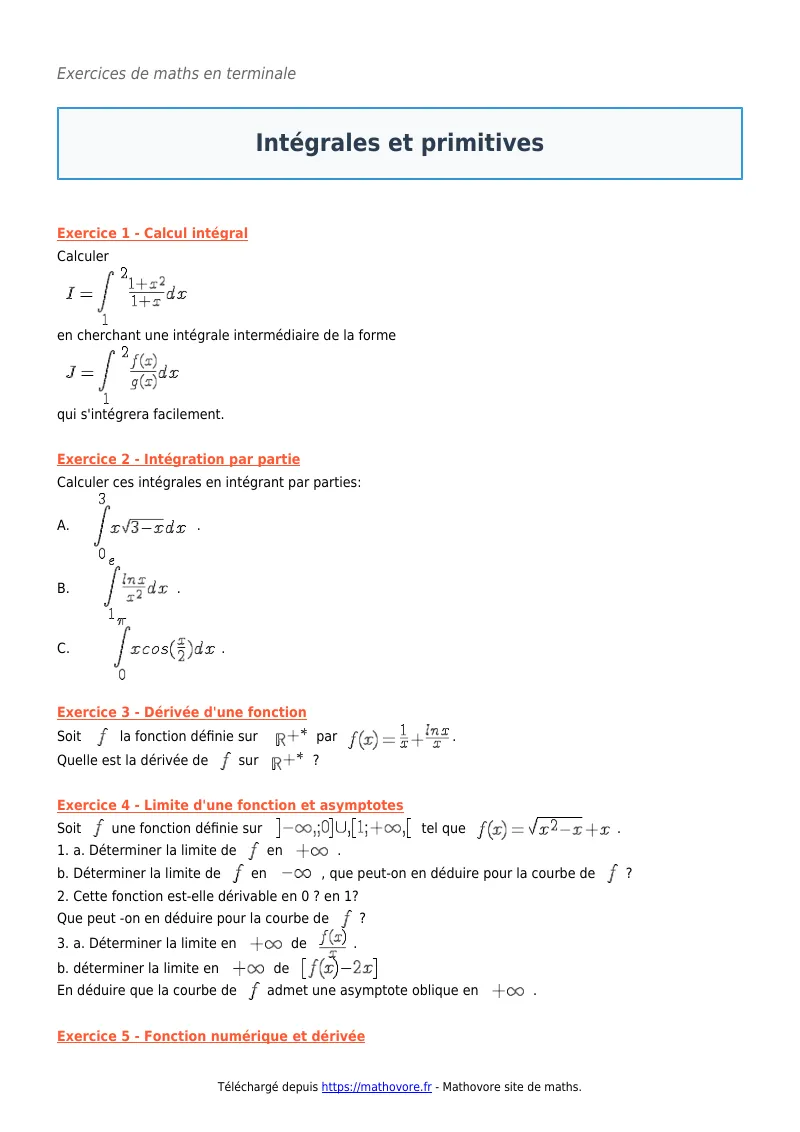 Exercices corrigés de maths en terminale : Intégrales et primitives à imprimer en PDF