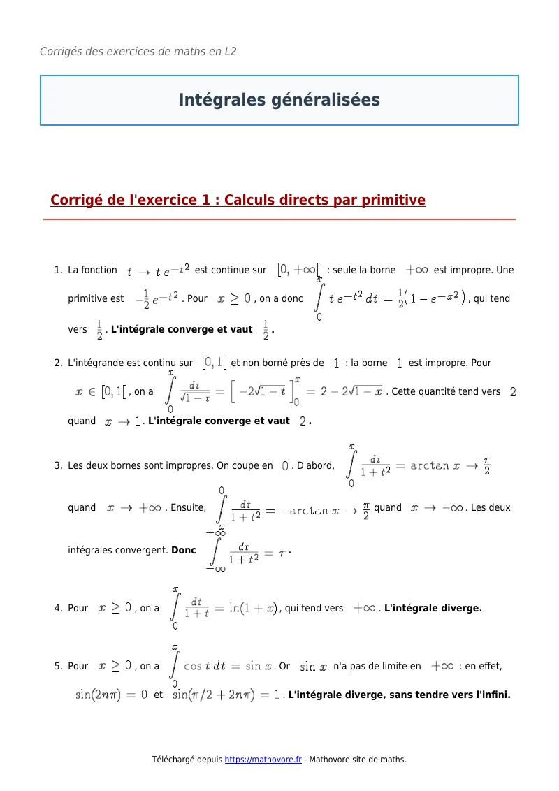 Exercices corrigés de maths en L2 : Intégrales généralisées à imprimer en PDF