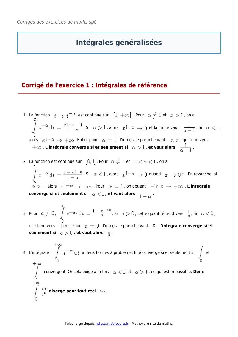 Exercices corrigés de maths en maths spé : Intégrales généralisées à imprimer en PDF