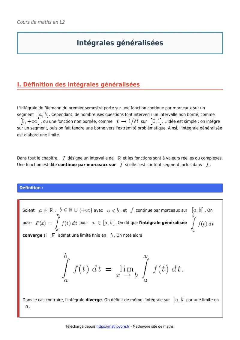Cours de maths en L2 : Intégrales généralisées à télécharger en PDF