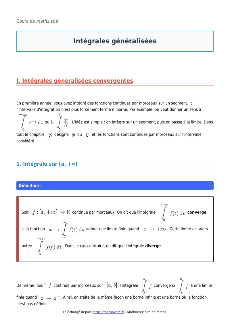 Cours de maths en maths spé : Intégrales généralisées à télécharger en PDF