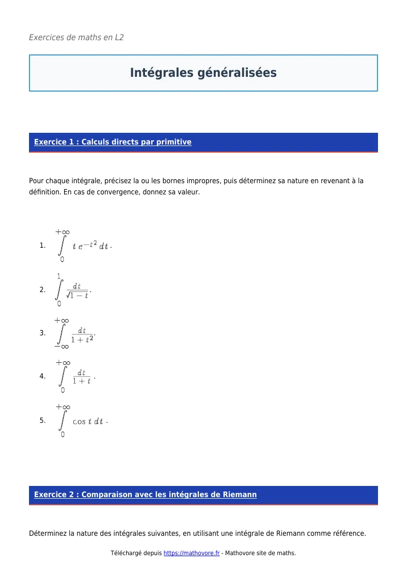Exercices corrigés de maths en L2 : Intégrales généralisées à imprimer en PDF