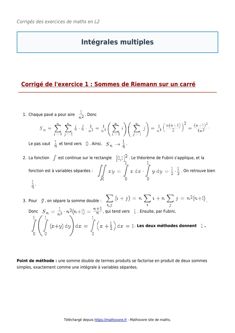 Exercices corrigés de maths en L2 : Intégrales multiples à imprimer en PDF