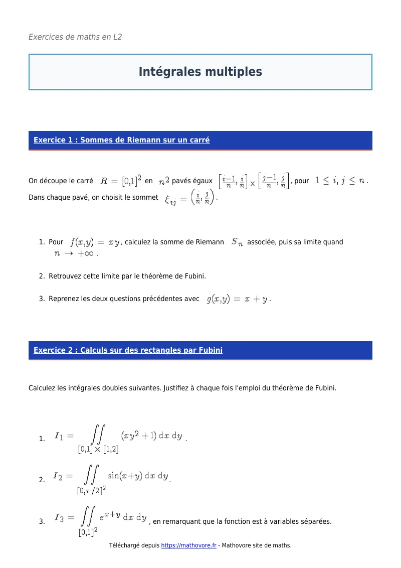 Exercices corrigés de maths en L2 : Intégrales multiples à imprimer en PDF
