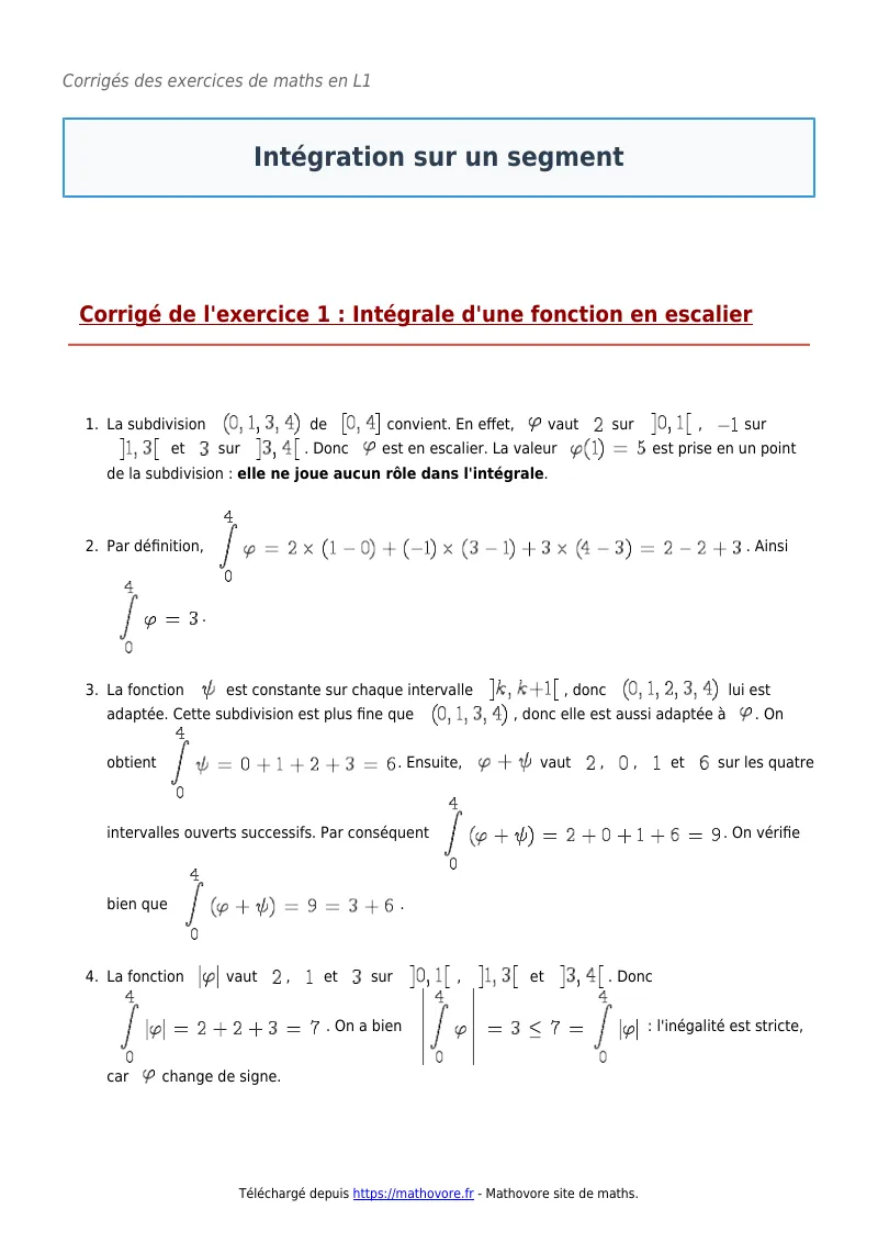 Exercices corrigés de maths en L1 : Intégration sur un segment à imprimer en PDF