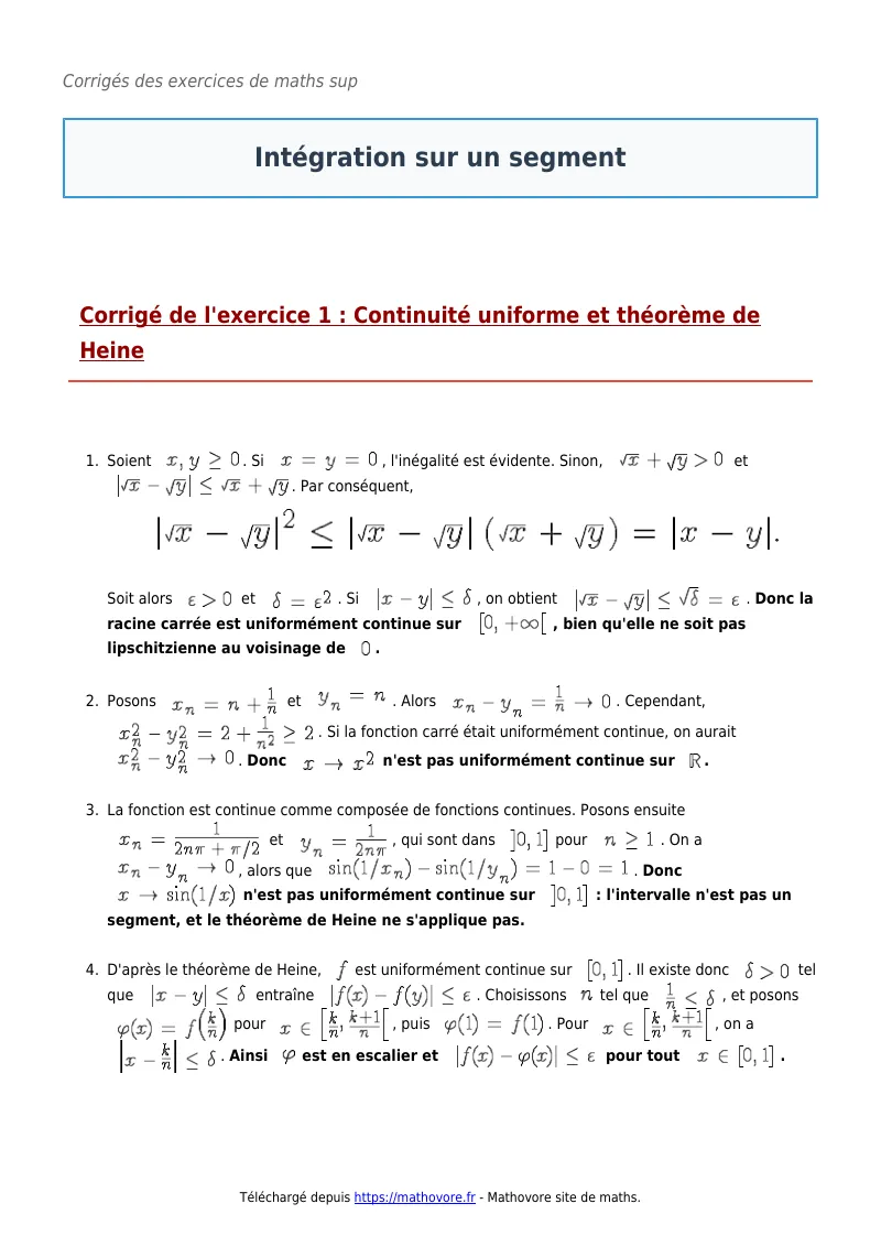 Exercices corrigés de maths en maths sup : Intégration sur un segment à imprimer en PDF
